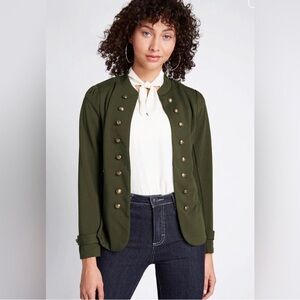 ModCloth Glam Believer Green Hook & Eye Front Military Jacket Blazer Women Sz XS